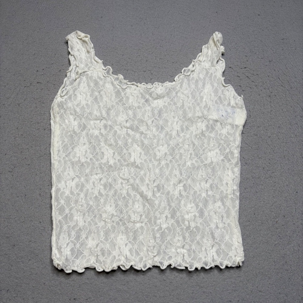 Undercover Wear Lace Tank Top Women OS Ivory Vintage 90s Sheer Lettuce Trim